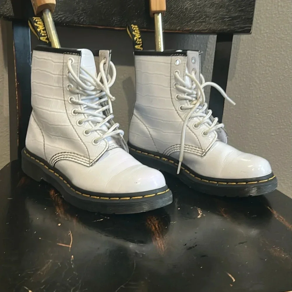 Dr. Martens Croc Embossed White Patent Leather 8-eyelet 1460 W Classic Boots